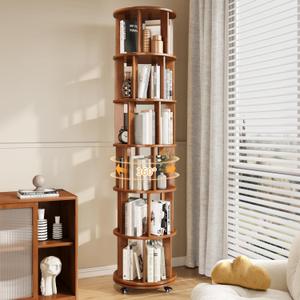 6 Tier Bookshelf Tower, 360 Solid Wood Spinning Bookcase with Swivel Wheels, Floor Standing Book Shelf for Small Space, Bookshelf for Home Office Study Room Bedroom Living Room (Walnut)