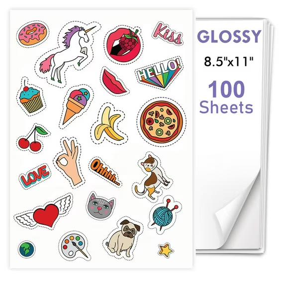 100 PCS Sticker Paper for Inkjet Printer, Printable Vinyl Sticker Paper Dries Quickly Vivid Colors, 8.5"x11" Tear Resistant Printable Vinyl, Glossy White, Inkjet & Laser Printer