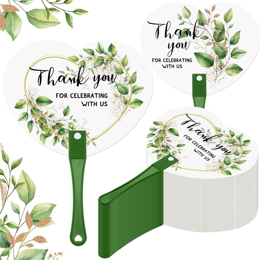 50 Pcs Wedding Hand Plastic Fans Handheld Wedding Favors Fans for Guests Bulk Thank You for Celebrating with Us Greenery Plastic Fan with Handle for Ceremony Bridal Shower (Green Floral)