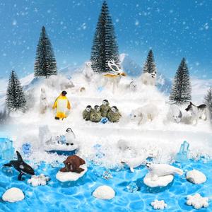 Warmtree 46 Pcs Arctic Animals Figurines Set Includes 22 Polar Bear Penguin Animals Figurines 6 Mini Pine Trees 18 Artificial Iceberg Fake Snow Ripple Water Sticker Ocean Habitat Diorama Supplies