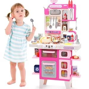 CUTE STONE Kids Kitchen Playset, Play Kitchen Set with Sound & Light, Cooking Stove with Steam, Toy Sink, Play Food Toy and Kitchen Accessories for Pretend Play, Kitchen Toy Set for Toddler Girls, Pink