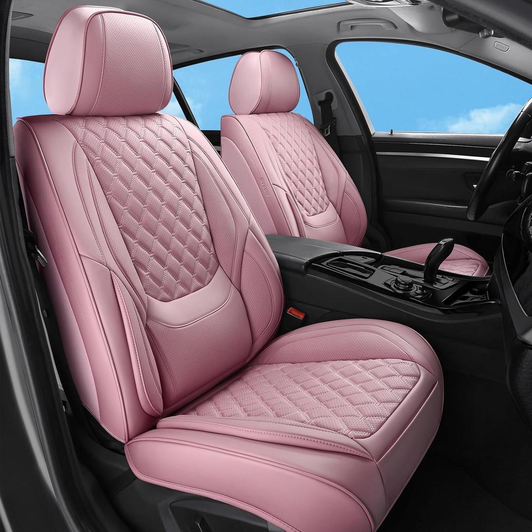 Car Seat Covers Full Set Pink, Luxury Faux Leather Car Seat Covers Waterproof Non-Slip Seat Protector Universal Fit for Most Cars SUVs Trucks Pick-ups, Cute Pink Car Accessories for Women