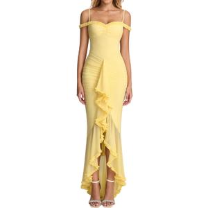KUTUMAI Women Ruffle Bodycon Maxi Dress Ruched Long Formal Cocktail Wedding Guest Dresses (Medium, Yellow)