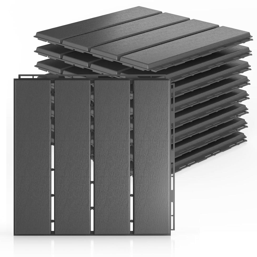 9 Pack Plastic Interlocking Deck Tiles, 12"x12" Patio Deck Tiles, Waterproof Outdoor Flooring All Weather Use, Patio Floor Decking Tiles for Porch Poolside Balcony Backyard, Dark Grey