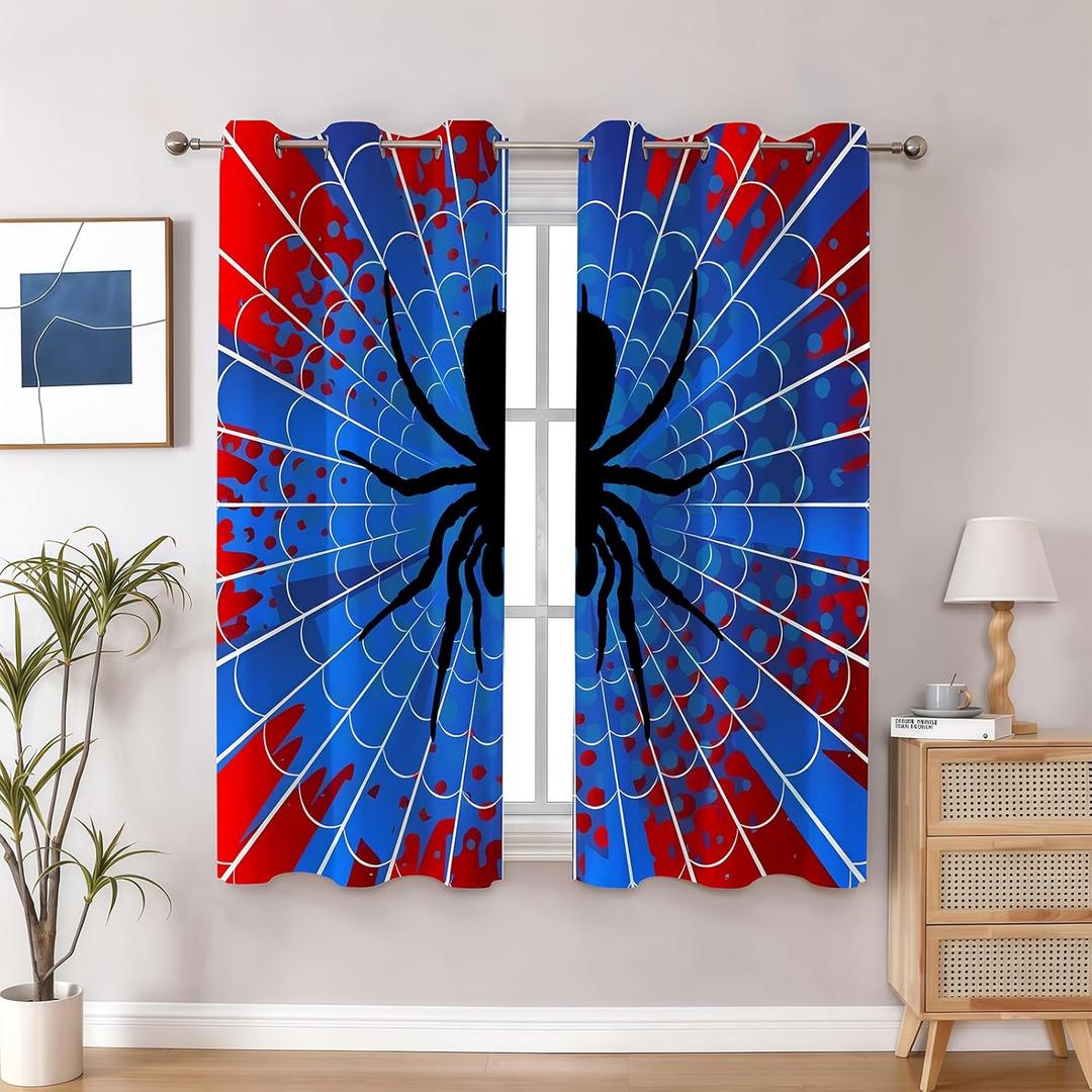 Spider Web Curtains - Blue & Red Superhero Design - Blackout Thermal Insulated Drapes for Kids Room, Bedroom, Living Room - 42 x 63 Inches, 2 Panels