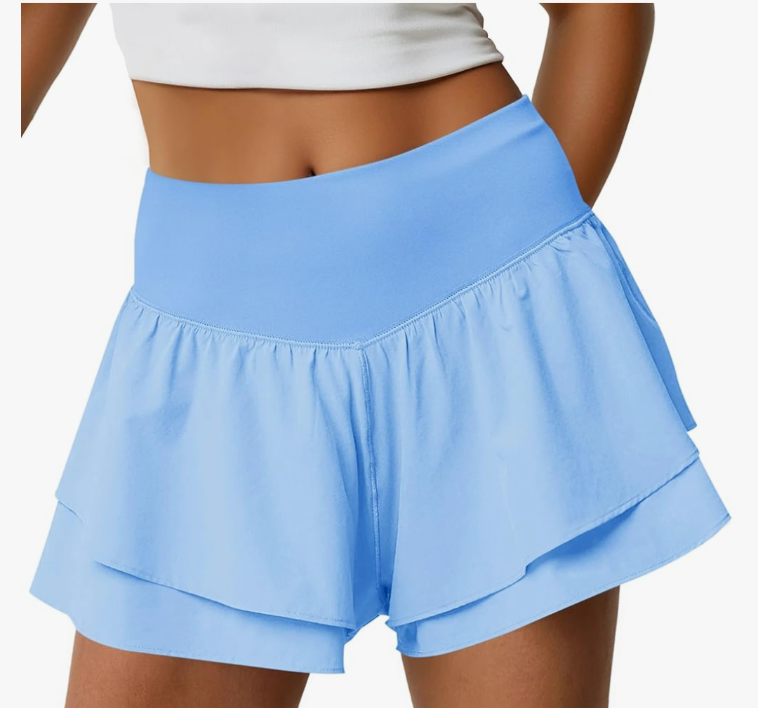 Fisoew Womens High Waisted Athletic Shorts Ruffle Tiered Running Workout Tennis Shorts with Build in Shorts,Size XXL