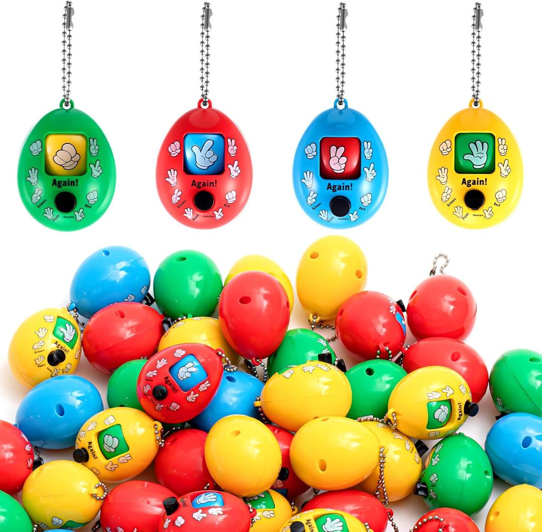 Skylety 50 Pcs Rock Paper Scissors Random Toy 2 x 1.5 Inch Mini Random Rock Paper Scissors Game Egg Toy Keychain Prop for Christmas Party Favor Goodie Stocking Stuffer Gift, 4 Color, No Battery Needed