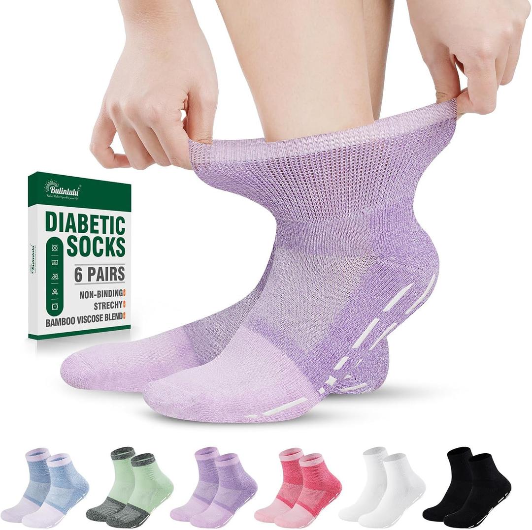 Bulinlulu Bamboo Viscose Diabetic Socks with Grippers for Men Women -6 Pairs Non Binding Ankle Slipper Socks  (Large, Purple/Green/Orange Red/Pale Purple/Black/White)
