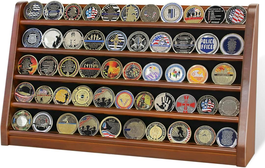 5 Rows Challenge Coin Holder Display Stand Holds 50 Coins for Wall Mount or Tabletop, Solid Wood Military Coin Rack Display Case for Collectibles, Walnut