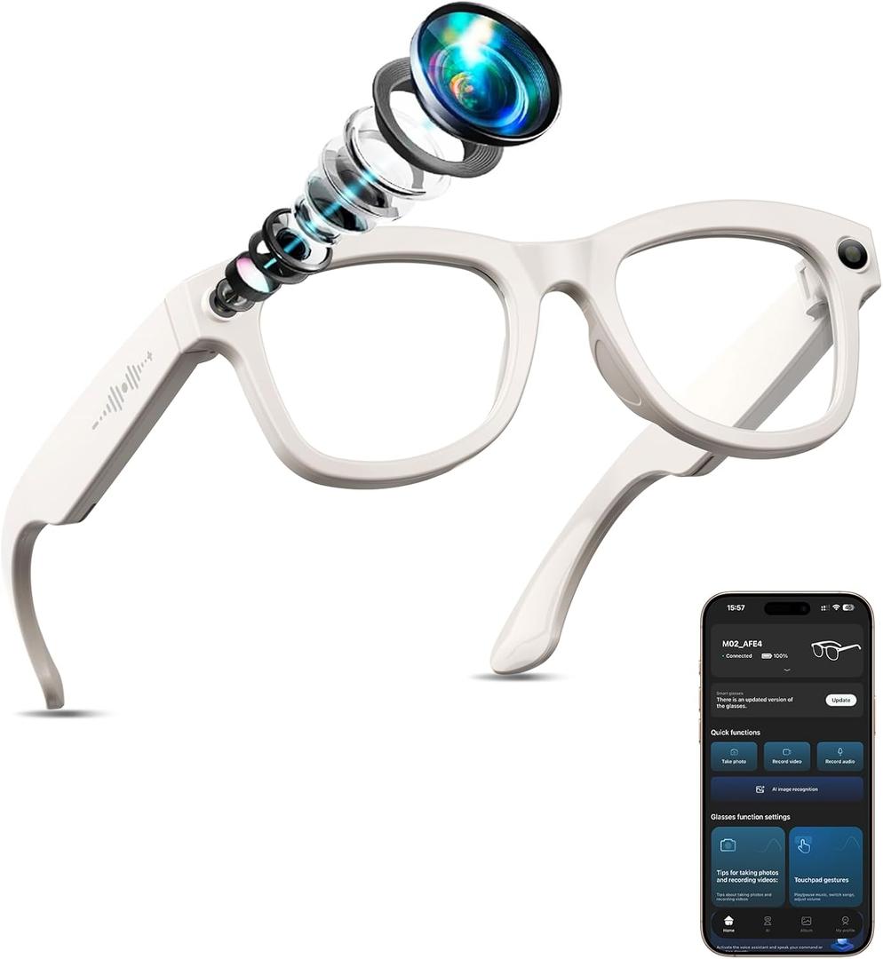 AI Smart Glasses with Camera Stabilization - 8MP POV Video Recording, Real-Time AI Translation, Smart Assistant, Dual-Mic Noise Canceling for Travel & Meetings - Anti-Blue Light, Beige Frame