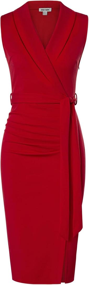 GRACE KARIN Women's Wear to Work Sleeveless Ruched Bodycon Office Pencil Midi Dresses with Belt (8, Deep Red)