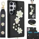 for Samsung Galaxy S25 Ultra Case with Wallet, Magnetic Snap Flip Leather Cover with Flower Design Credit Card Holder Stand WristbandSamsung S25 Ultra Protective Phone Case for Women (Black)