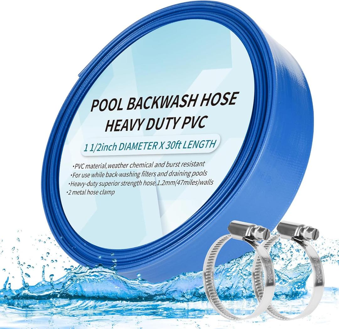 HOXHA 1-1/2'' x 30' Heavy Duty Swimming Pool Backwash Hose Pool Discharge Hose Backwash Hose for Pool Filter, Water Transfer, Weather and Burst Resistant Swimming Pool Drain Hose with Clamp