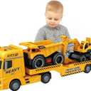 3-in-1 Construction Truck Toys for Kids Ages 3-6 - Inertia Semi Trailer with Excavator & Dump Truck, Light and Sound Play Vehicles