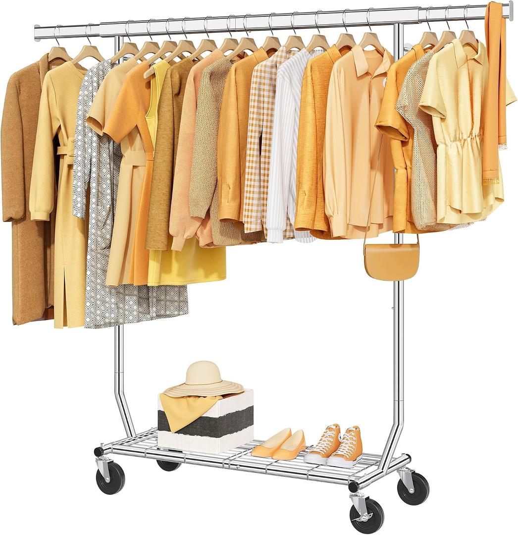 Clothes Rack with Shelf Load 350 LBS, Plating Chrome | Heavy Duty Collapsible Clothing Rack for Hanging Clothes, Extendable & Adjustable, Garment Rack with Wheels for Bedroom