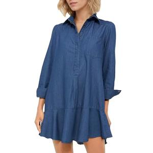 YEXPINE Women's Long Sleeve Denim Shirt Dress Button Down Ruffle Flowy Collared Mini Shift Drop Waist Jean Dresses Dark Blue, Small