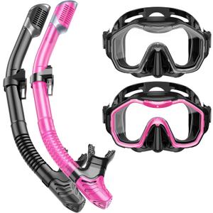 Snorkeling Gear for Adults Kids, Dry-Top Snorkel Set, 180Panoramic Wide View Diving Mask Breathing Freely Snorkel Mask for Snorkeling Scuba Diving Swimming Travel (A0-Black + Black Pink)