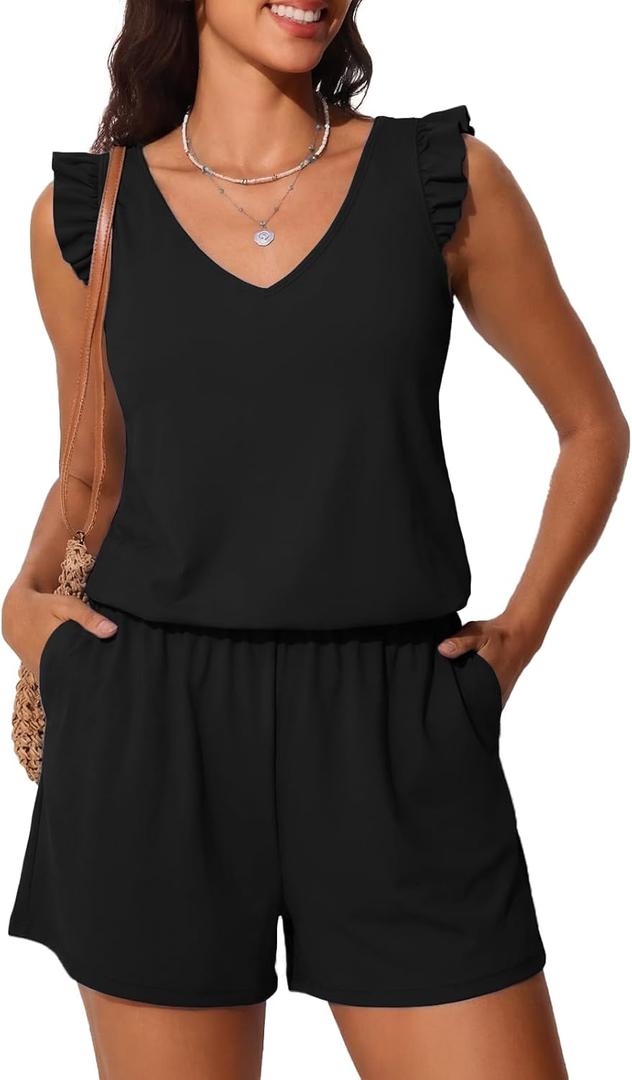 Summer Mae Ruffle Swim Romper One Piece Swimsuit Women Modest High-Back Bathing Suit with Pockets 2026 Swimwear (Black), Size 18W