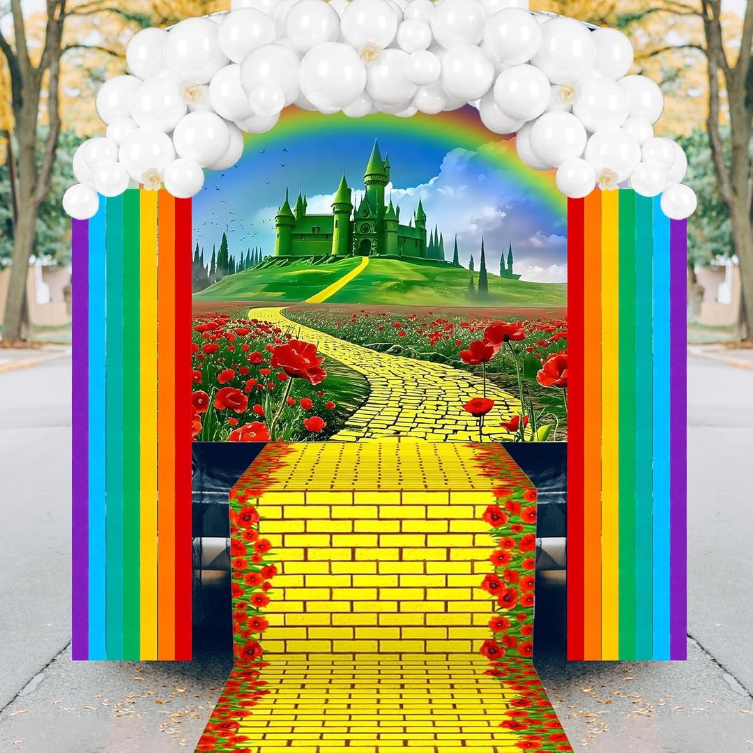 109 Pcs Halloween Emerald City Trunk or Treat Car Decorations Kit Green Castle Backdrop Emerald City Banner Yellow Brick Road Decor for Wizard Party Favor Outdoor SUV Garage Archway Birthday Supplies