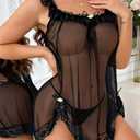 Avidlove Women's 2 Piece Mesh Sheer Floral Lace Babydoll Slip Dress Nightgowns and Thong Lingerie Set (Black, XL)