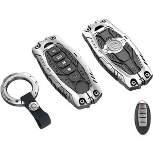 Heavy Duty Key Fob Cover for Nissan Altima Armada Maxima Murano Pathfinder Rogue Titan Armada Versa Sentra Zinc Alloy Keyless Entry Key Fob Case Protector with Keychain 5 Buttons (Silver)