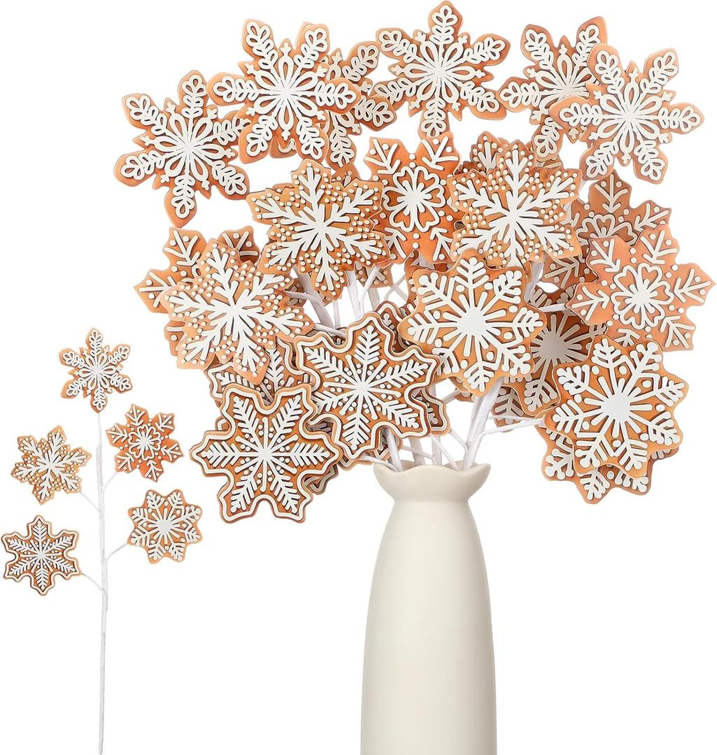 Sosation 6 Pcs 15.8 Inch Christmas Gingerbread Snowflake Picks Gingerbread Snowflake Shape Christmas Tree Sprays Xmas Wooden Ornaments Craft for Xmas Tree Decorations Home Office Vase Party Ornaments