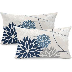 Blue and Gray Floral Pillow Covers 12x20 Set of 2 Outdoor Waterproof White Colored Decorative Throw Pillows Summer Pillowcase Polyester Cushion Case Decor for Couch Patio Funiture Garden Porch 01B12 (Dark Blue Grey)