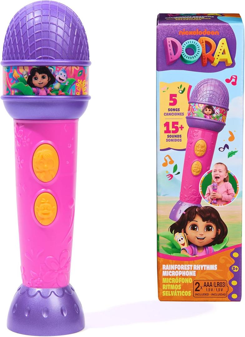 Dora, Rainforest Rhythms Microphone with Music, Sound Fx & Bilingual Phrases, Kids Toys for Girls & Boys Ages 3 and Up
