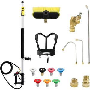 RAYNEL 24FT Telescoping Pressure Washer Extension Wand with Brush Head, 2 Power Washer Extension Wands, Gutter Cleaner Attachment, 7 Spray Nozzle Tips, Support Belt and 2 Hose Adapters