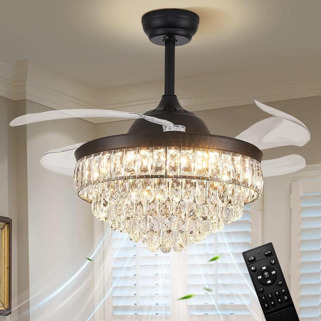 CLAIRDAI 42" Black Crystal Fandelier, Dimmable Remote Ceiling Fan | Retractable blades, 6-speed flush mount chandelier fan with APP control for bedroom, living room, dining room