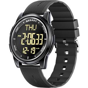 Beeasy Digital Watch for Men Women, 50M Waterproof Ultra-Thin Lightweight Silicone 44mm Sports Watch with Alarm, Stopwatch and Countdown Timer, Ideal for Gym, Running, School and Daily Wear (Metal-Black dial)