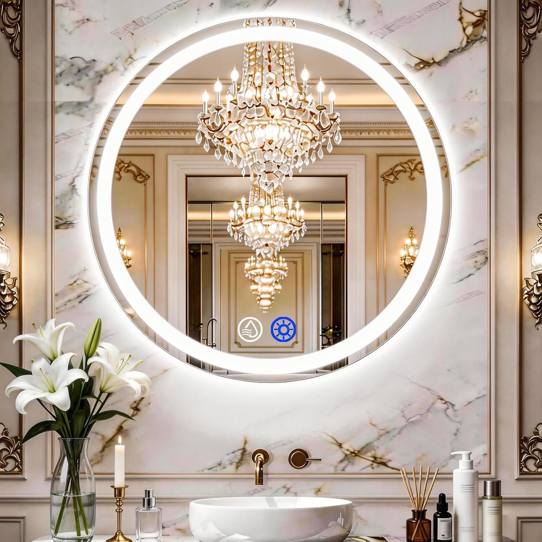 LTFUUAI 28" Round LED Bathroom Mirror with Lights, Smart Touch 3-Color Dimming Lighted Vanity Mirror Wall Mounted, Anti-Fog Shatterproof with Front & Back Light, for Bathroom Vanity (28" L x 28" W)