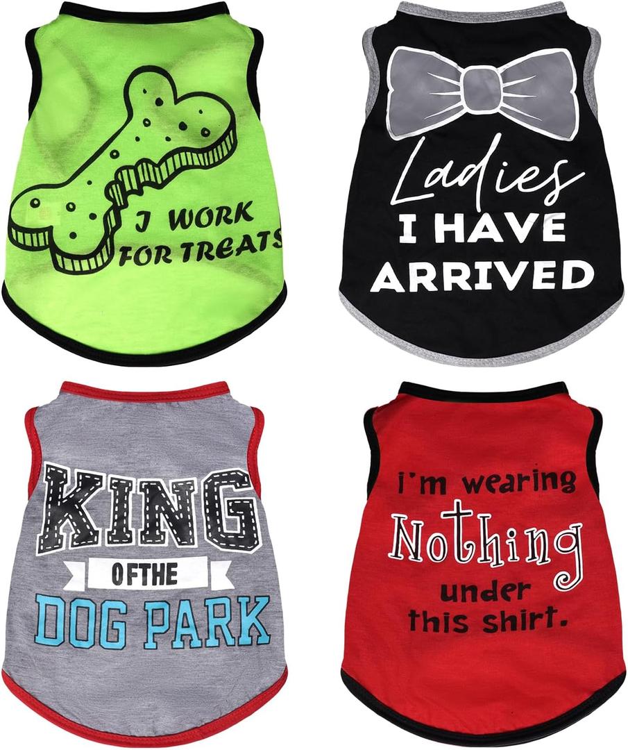 hoyuwak 4 Pieces Pet Shirts Funny Dog Printed Clothes Cool Breathable Puppy Sleeveless Vests Boy Dog Outfit for Summer, Size S