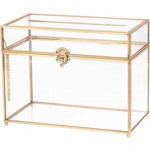 uxcell Glass Card Box Wedding Card Box with Lock for Wedding Reception, 10" x 6" x 8" Envelope Card Holder for Reception, Graduation, Gift Cards, Gold
