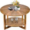 Coffee Tables for Living Room, Small Round Coffee Table with Storage, Mid Century Modern Solid Wood Coffee Table, Rustic Wooden Circle Center Table Living Room Furniture, Brown Tea Table