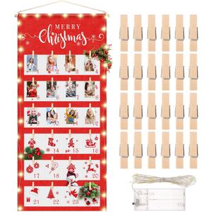 Fabric Christmas Advent Calendar with Pockets Reusable 24 Days Christmas Advent Countdown Calendar Photo Board for Pictures Hanging Display Bag for Xmas Holiday Home Wall Decor