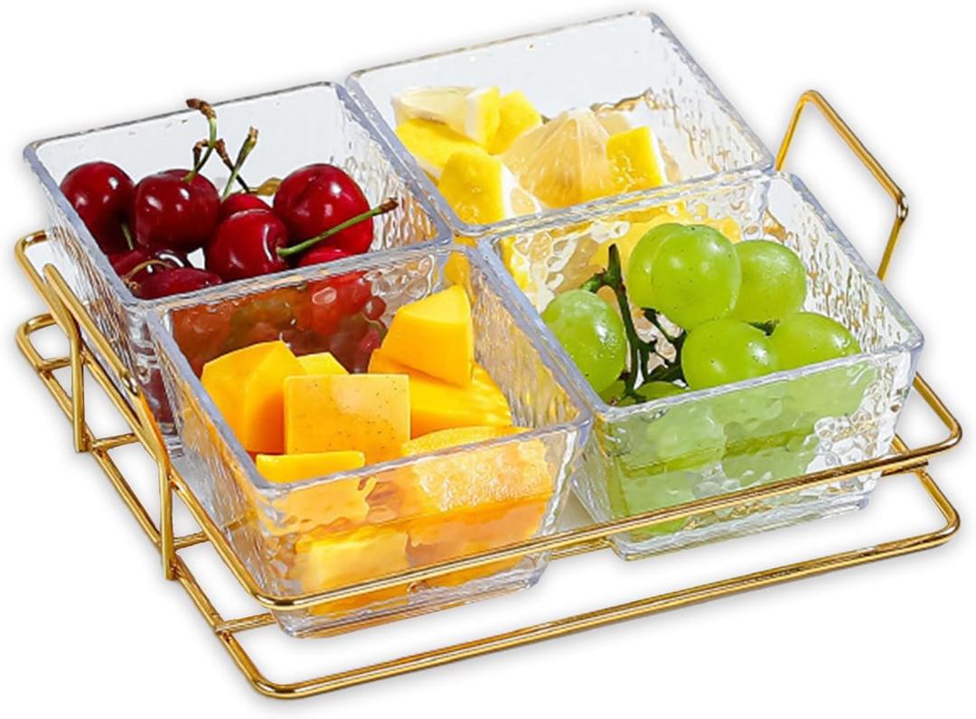 4-Compartment Acrylic Serving Tray with Gold Metal Rack Elegant Snack Dish for Appetizers, Candy, Nuts, Chips & Dips Stylish & Durable Divided Serving Platter for Home & Parties (4-Compartment)