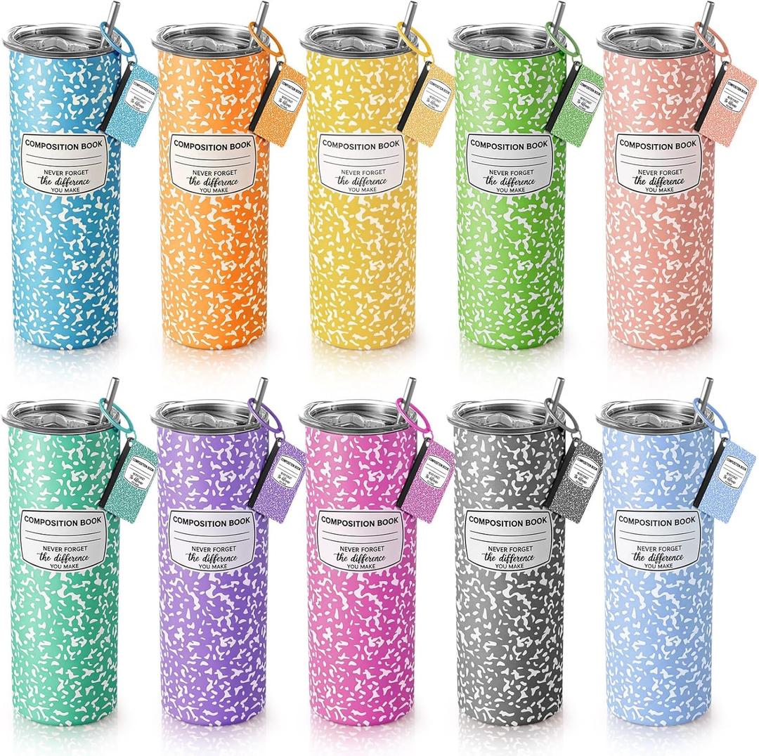 Geiserailie 10 Set Teacher Appreciation Gifts 20 oz Composition Book Tumbler Stainless Steel Cup Composition Keychains Teacher Appreciation Week Gifts Birthday End of Year Graduation (Colorful)