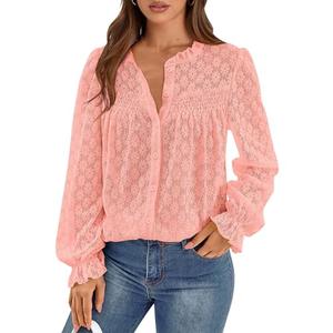 PRETTYGARDEN Lace Long Sleeve Shirts Casual Button Down Going Out Tops Hollow Out Eyelet Blouses 2026 Spring Fashion Clothing (Pink,Small)
