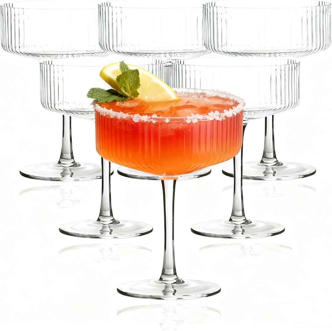 Plastic/Acrylic Set of 6 10 oz Ribbed Coupe Cups Unique Martini & Cocktail Cups Set for Wine,Champagne, Parties & Home