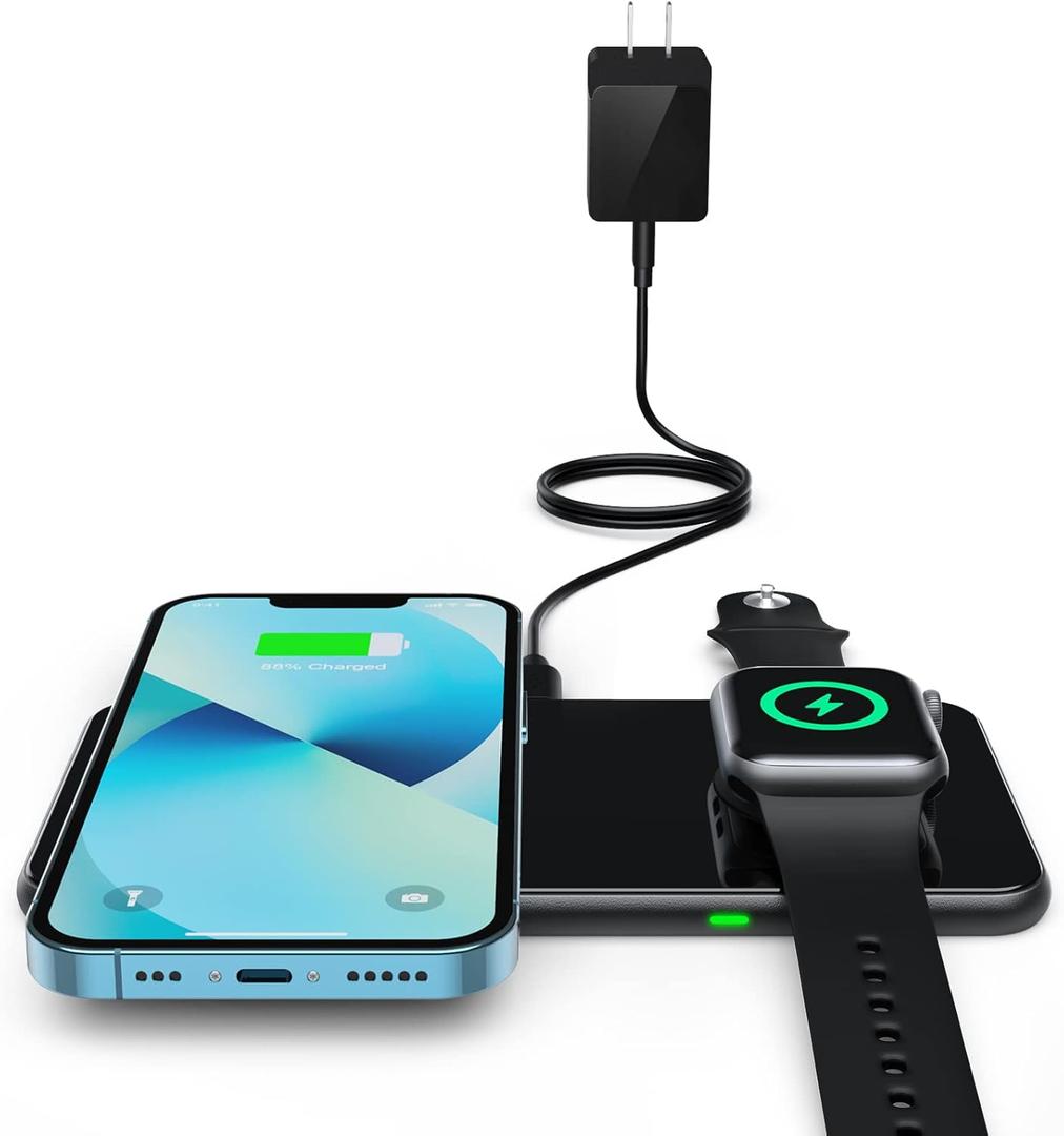 2 in 1 Wireless Charger, 15W Dual Wireless Charging Pad for iPhone 15/15 Pro/14/14 Pro/13/13 Pro/12/12 Pro/11/X, Samsung S23/S22/S21, Airpods 3/2/Pro, iWatch 8/7/6/SE/5/4/3/2(with QC 3.0 Adapter) (Black)