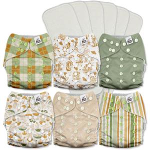 Mama Koala 3.0 Pocket Cloth Diapers for Babies with AWJ Lining, 6 Pack with 6 5-Layer Natural Cloth Diaper Inserts - Reusable and Washable Pocket Diapers(A-Mushrooms), One Size