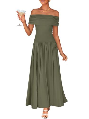 ZESICA Women's Off The Shoulder Maxi Dress 2026 Summer Sleeveless Casual Slim Swing Pleated Formal Party Dresses,Army Green,X-Large