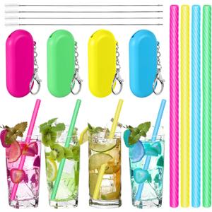 Meanplan 4 Sets Cruise Ship Essentials,4 Set Silicone Straws with Case Reusable Silicone Portable Drinking Straw Set for Party Travel Cold or Hot with 4 Carry Case, 4 Cleaning Brushes (Neon Colors)