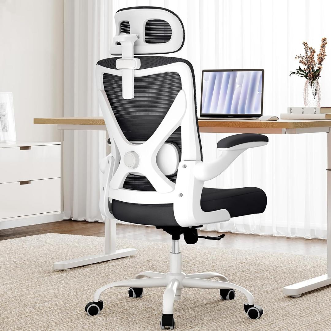 Ergalithic Ergonomic Office Chair - Computer Desk Chair with Adjustable Lumbar Support - 300lbs Executive Desk Chair High Back with Headrest Flip-Up Arms for Long Hours, Rolling Chair (White Black), Pack of 1