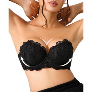 YANDW Padded Strapless Bra Push Up Add 2 Cup Supportive Bras for Women with Clear Straps Multiway Lace Balconette (Black) 38A
