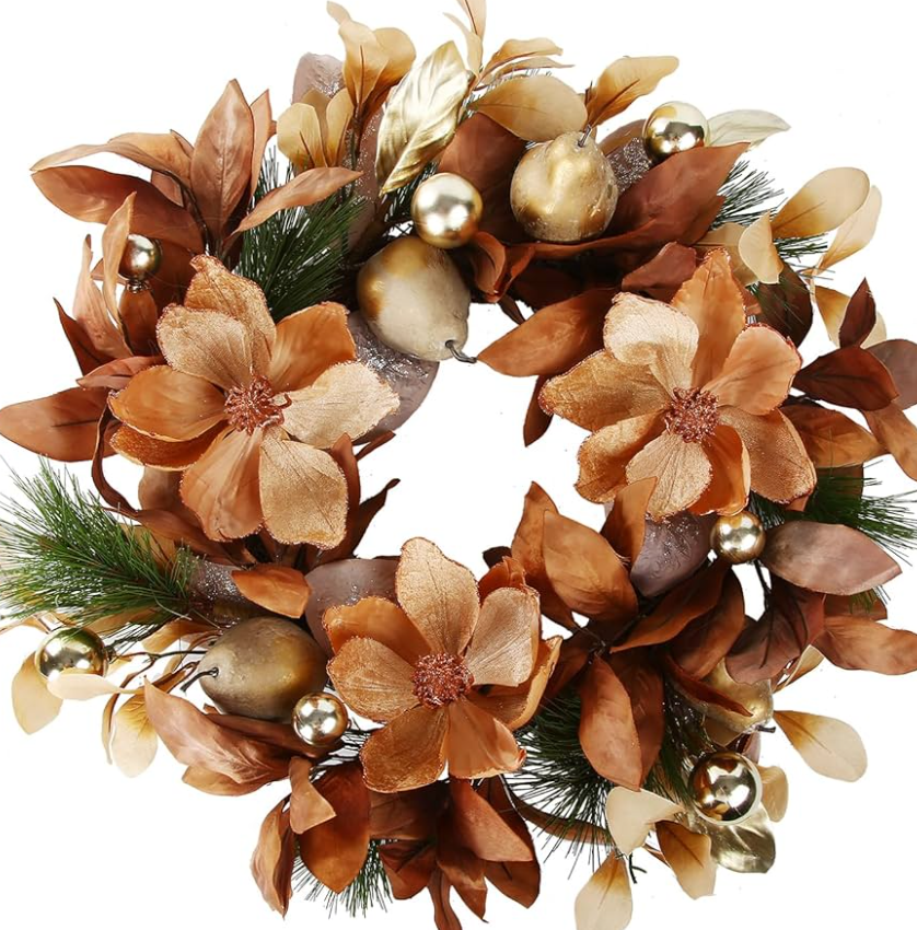 BINFEN 24" Winter Wreaths for Front Door, Gold-Brown Leaves Balls Pears Magnolia Flowers Christmas Wreath, Door Reef for Windows Fireplaces Walls, Front Porch Indoor and Outdoor Decor