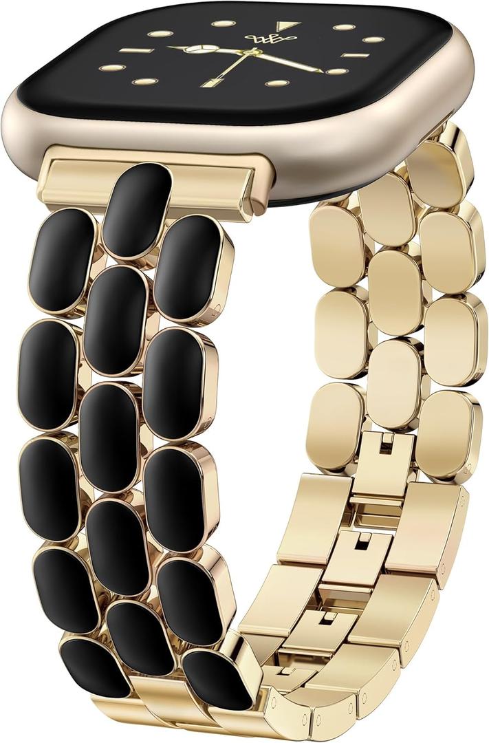 Wearlizer Resin Metal Band Compatible with Fitbit Versa 4 Bands for Women/Sense 2/Sense/Versa 3, Jewelry-Style Dressy Bracelet with No-Tool Adjustment, Elegant Lightweight Strap for Work & Daily (Gold/Black)