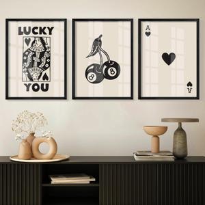 Framed Set of 3 Poker Wall Art Lucky You Poster, Trendy Retro Print Wall Decor for Queen of Hearts Wall Art Rustic Vintage Farmhouse Home Wall Decor（Black 12"x16"）