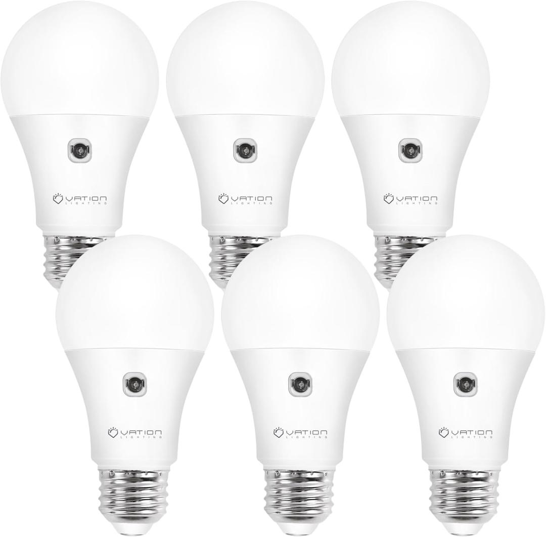 A19 Dusk to Dawn Sensor LED Light Bulbs Outdoor, Daylight 5000K, Energy Efficient 9W(60 Watt Equivalent), E26 Standard Base, Auto on/Off Photocell Automatic, 25,000 Hour Lifetime, 6-Pack